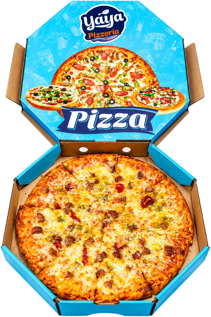 Full Yaya Pizzeria pizza and branded turquoise box